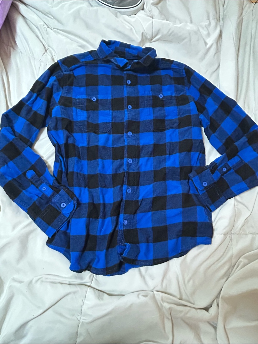 Boys Blue and Black Plaid Button Down Shirt